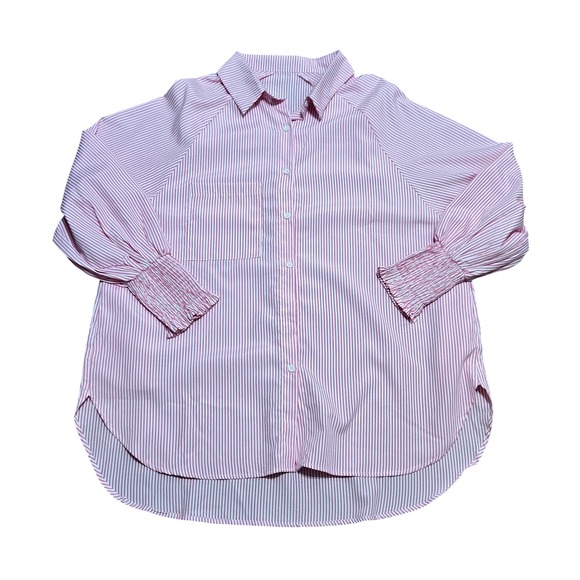 Unbranded Tops - Pink White Striped Button Down Tunic Shirt Smocked Cuffs Relaxed Fit Top XL